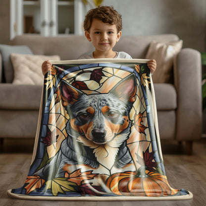 Luxurious Australian Cattle Dog stained glass throw blanket in soft velveteen fabric, thoughtful dog lover gift