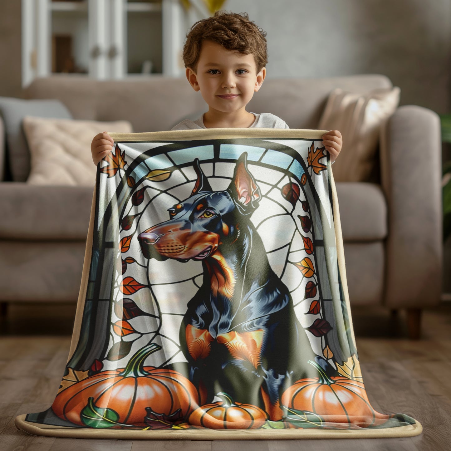 Soft stained glass Doberman blanket in velveteen fabric, thoughtful dog lover gift idea