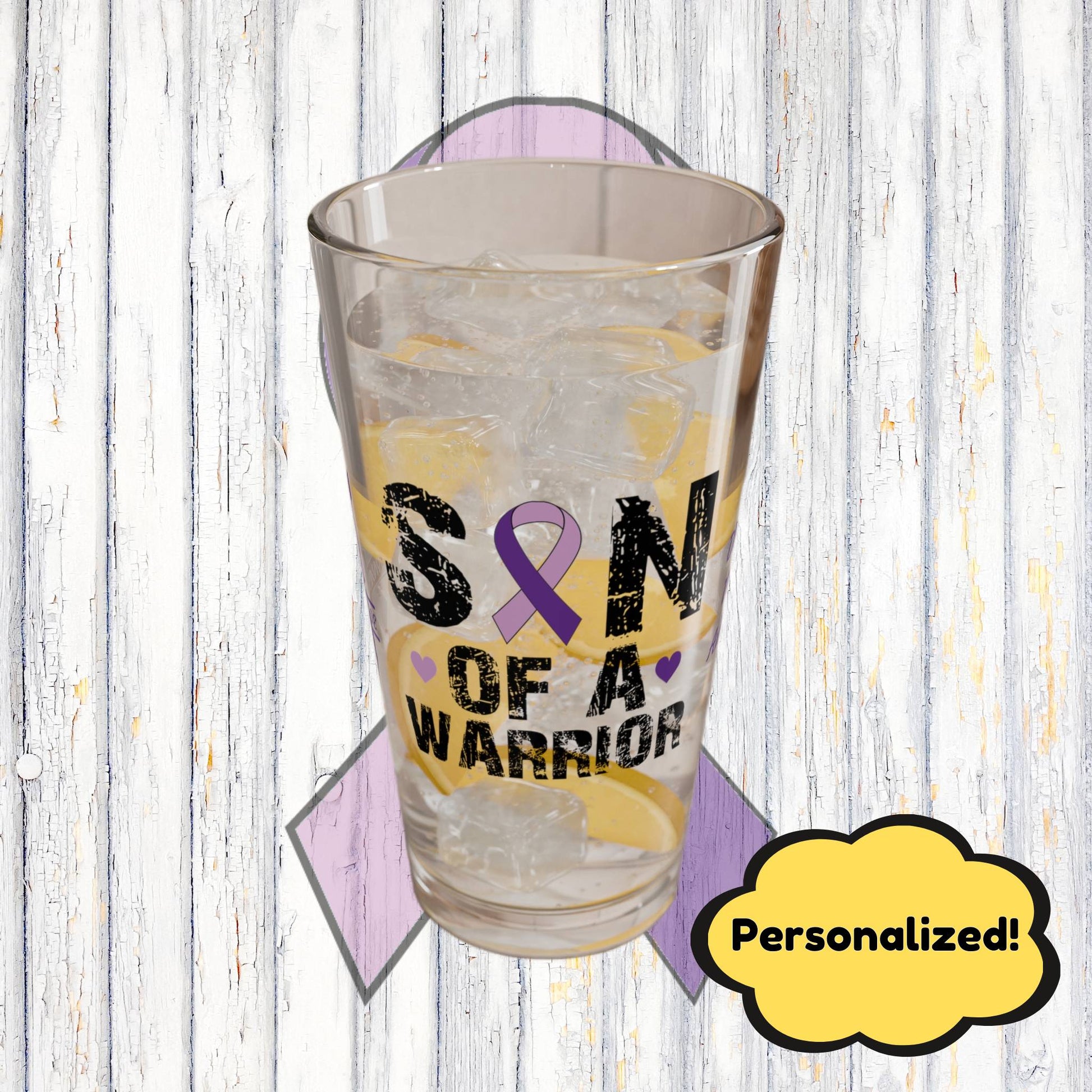 Son of a Warrior: Personalized Domestic Violence Awareness Warrior Pint Glass - Proud Family Member