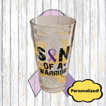 Son of a Warrior: Personalized Domestic Violence Awareness Warrior Pint Glass - Proud Family Member