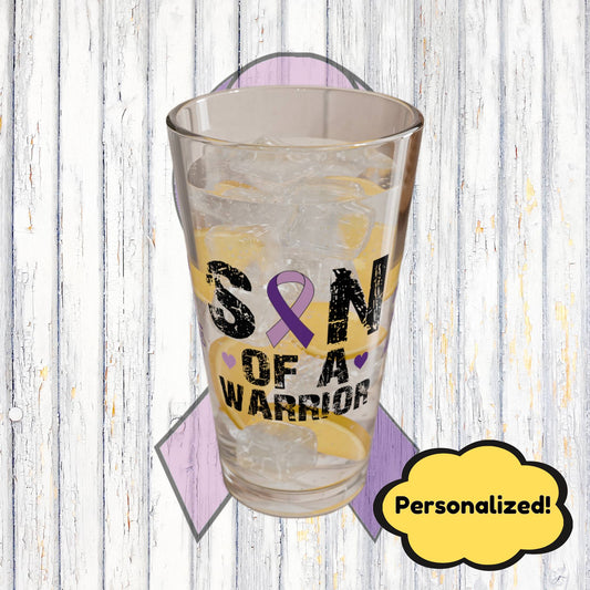 Son of a Warrior: Personalized Domestic Violence Awareness Warrior Pint Glass - Proud Family Member