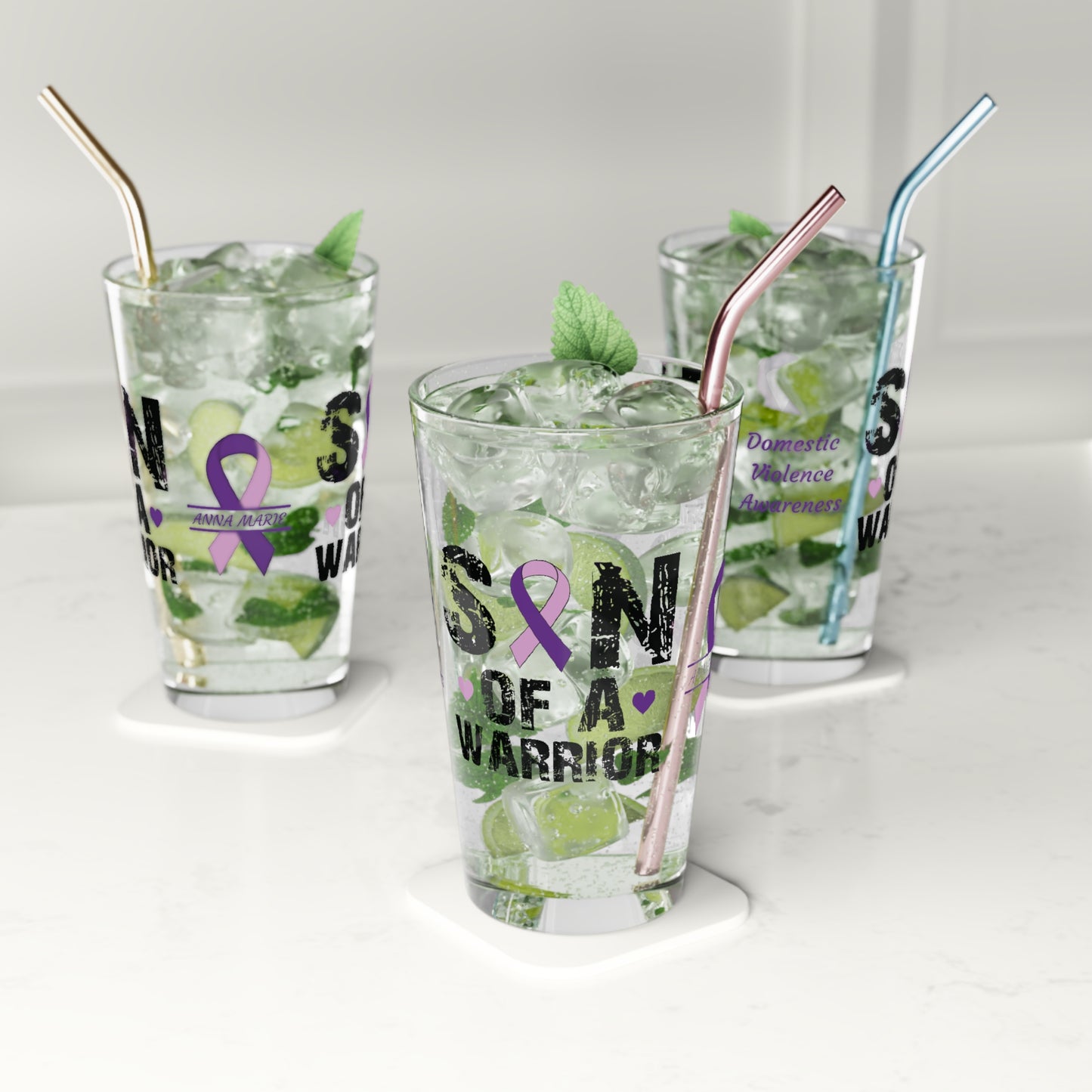 Son of a Warrior: Personalized Domestic Violence Awareness Warrior Pint Glass - Proud Family Member