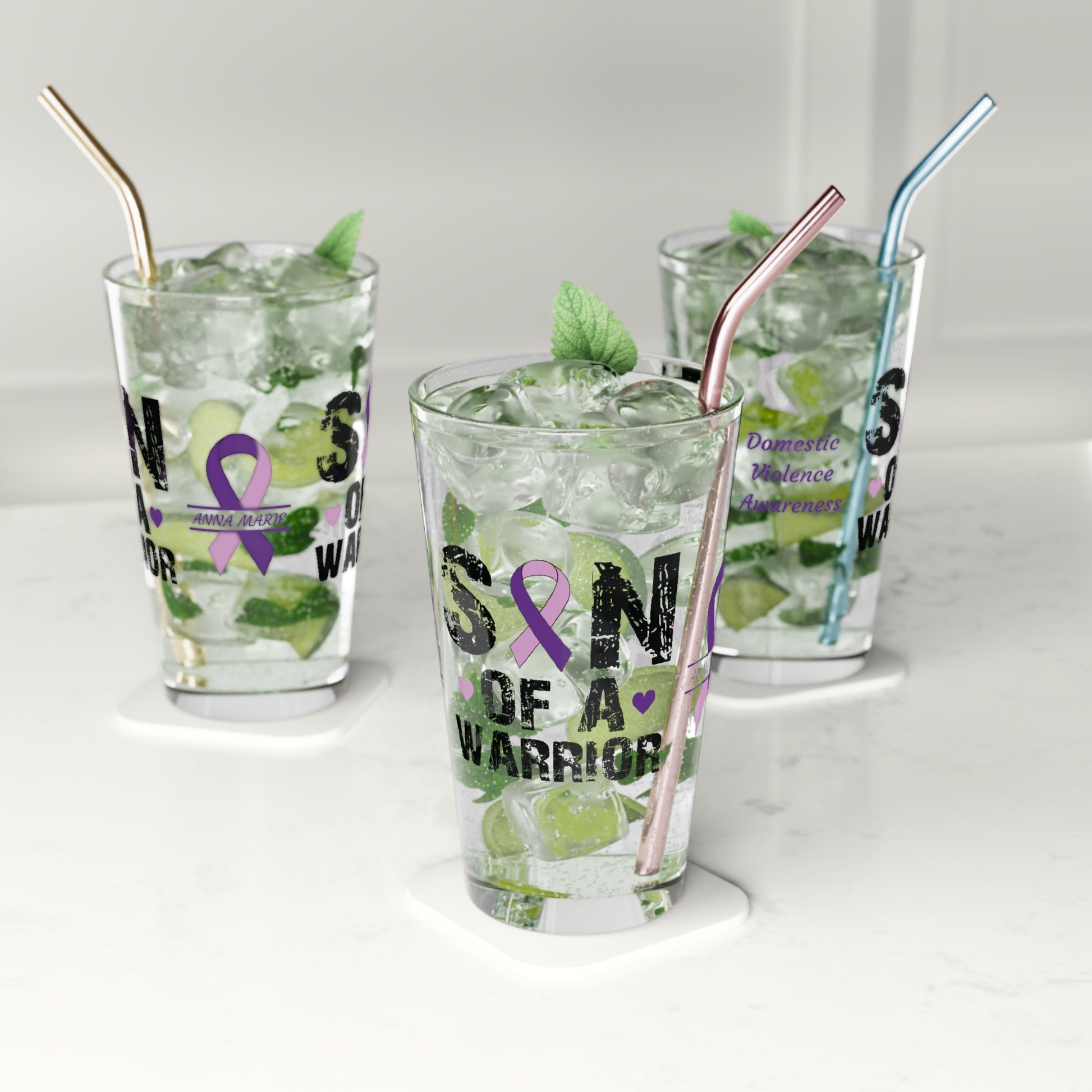 Son of a Warrior: Personalized Domestic Violence Awareness Warrior Pint Glass - Proud Family Member