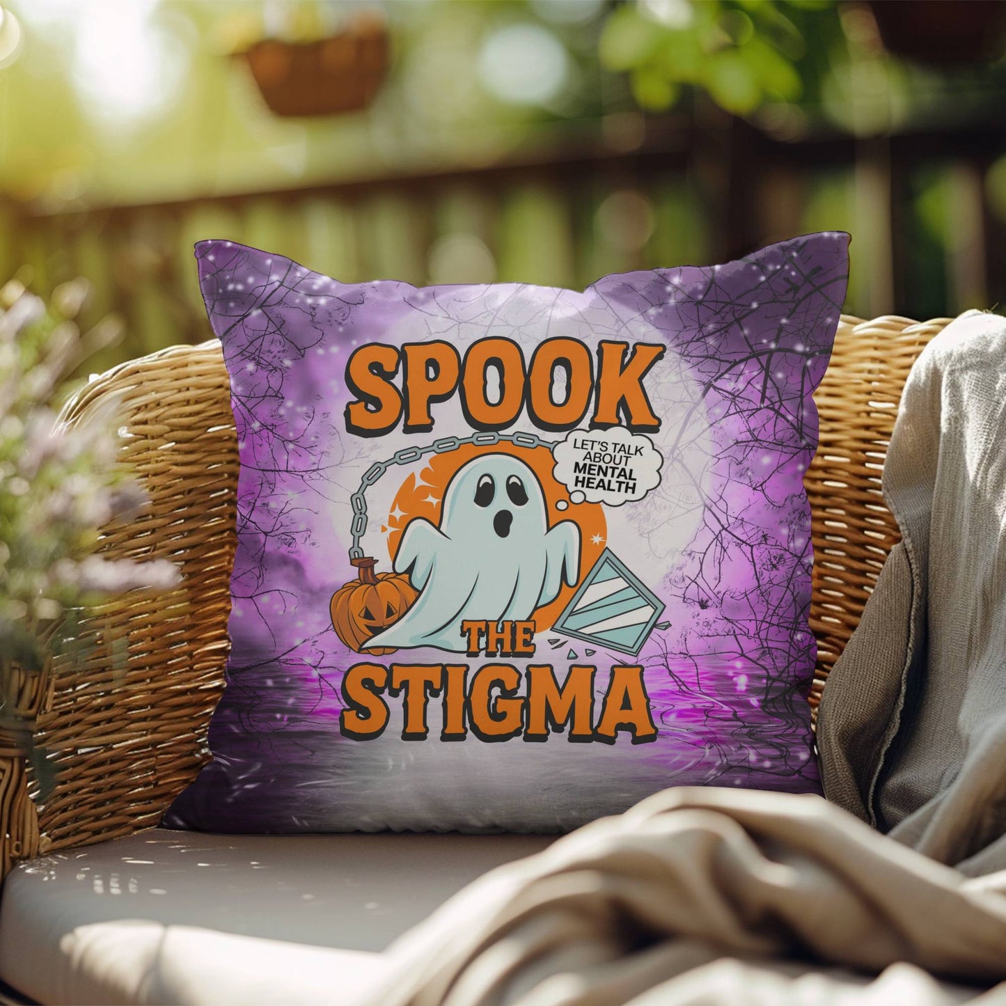 Ghost-themed indoor/outdoor Halloween pillow with “Spook The Stigma” for mental health awareness