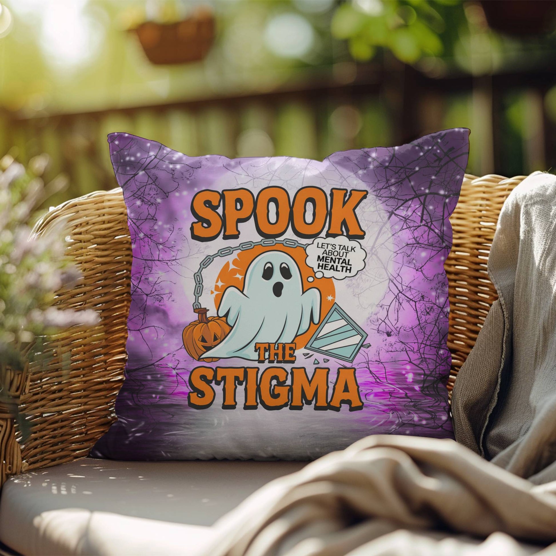 Ghost-themed indoor/outdoor Halloween pillow with “Spook The Stigma” for mental health awareness