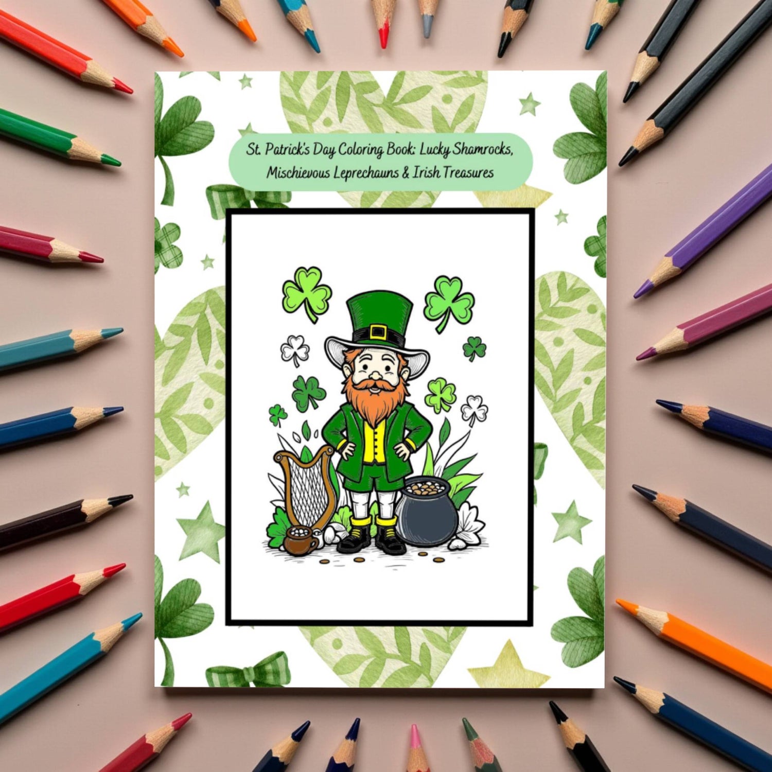 St. Patrick’s Day coloring book with shamrocks and leprechaun fun