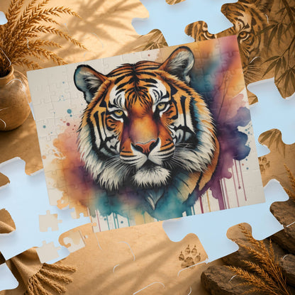 Stalking Serenity - Watercolor Tiger Puzzle with Peach, Purple, and Teal Washes on White