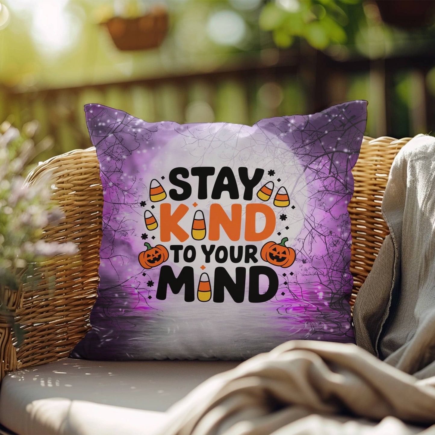 Indoor/outdoor throw pillow with “Stay Kind To Your Mind” promoting mental wellness