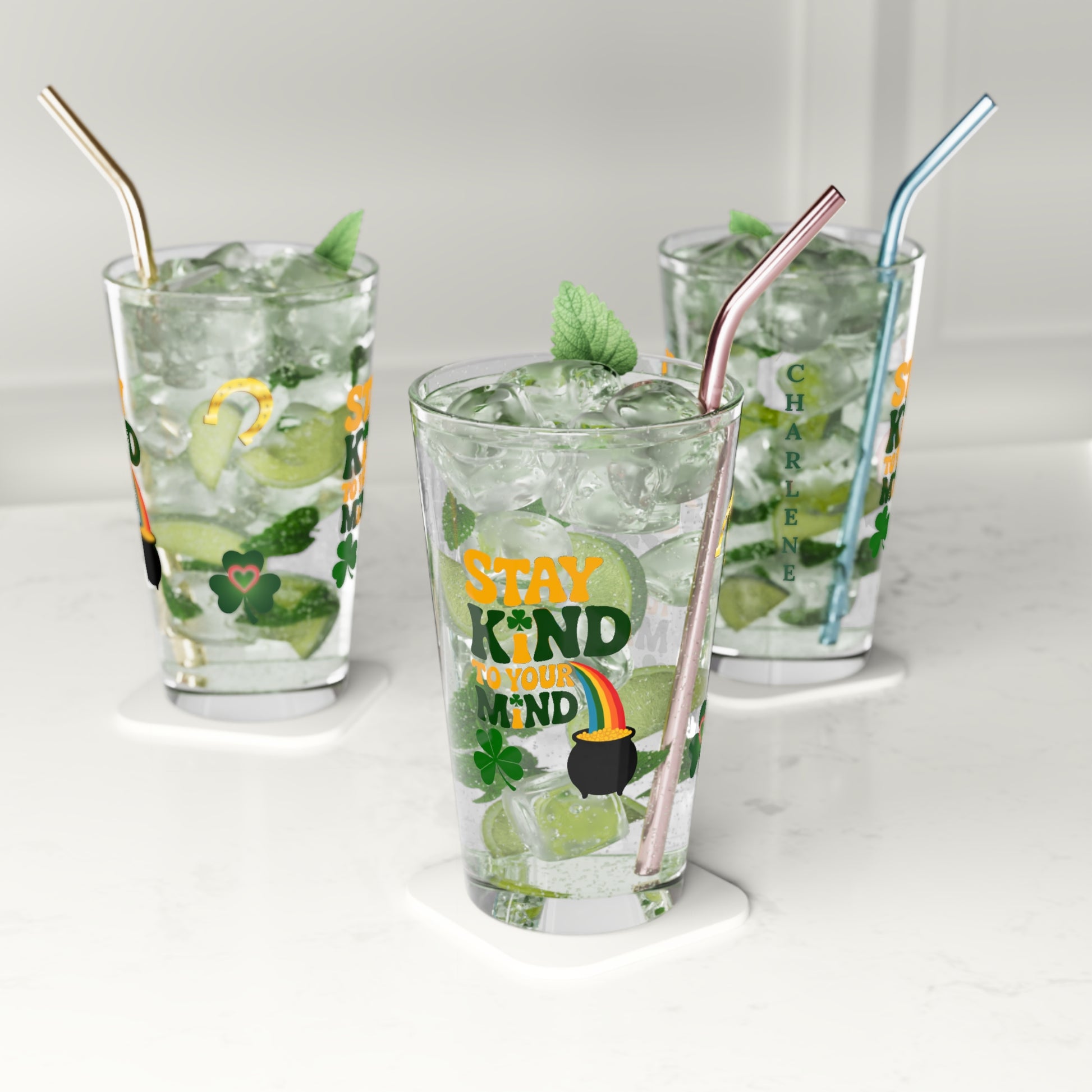 Stay Kind To Your Mind: Personalized St. Patrick's Day Pint Glass - Customizable Name for Happiness and Positivity