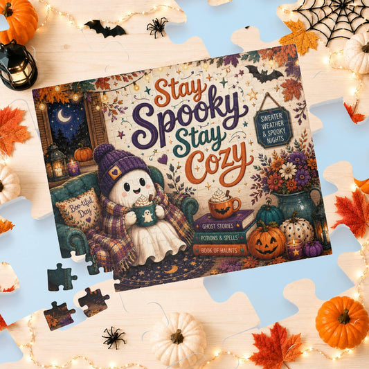 Stay Spooky Stay Cozy Halloween puzzle with ghost in armchair, books, and cozy seasonal decor