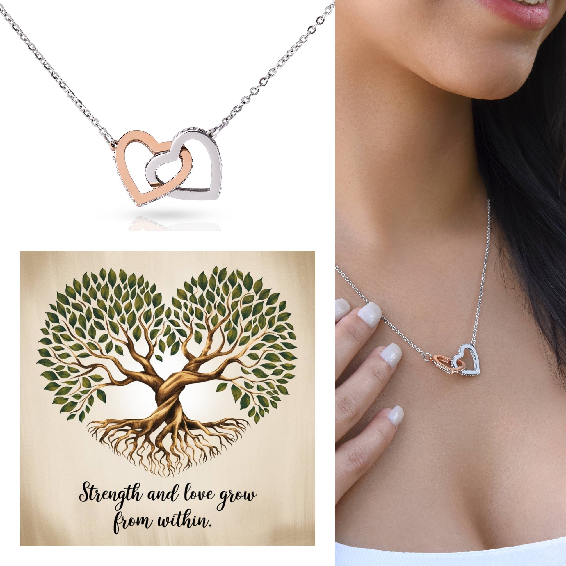 Strength and Love Grow From Within: Interlocking Hearts Necklace - Mental Health Gift, Self-Love, Anxiety, PTSD Support