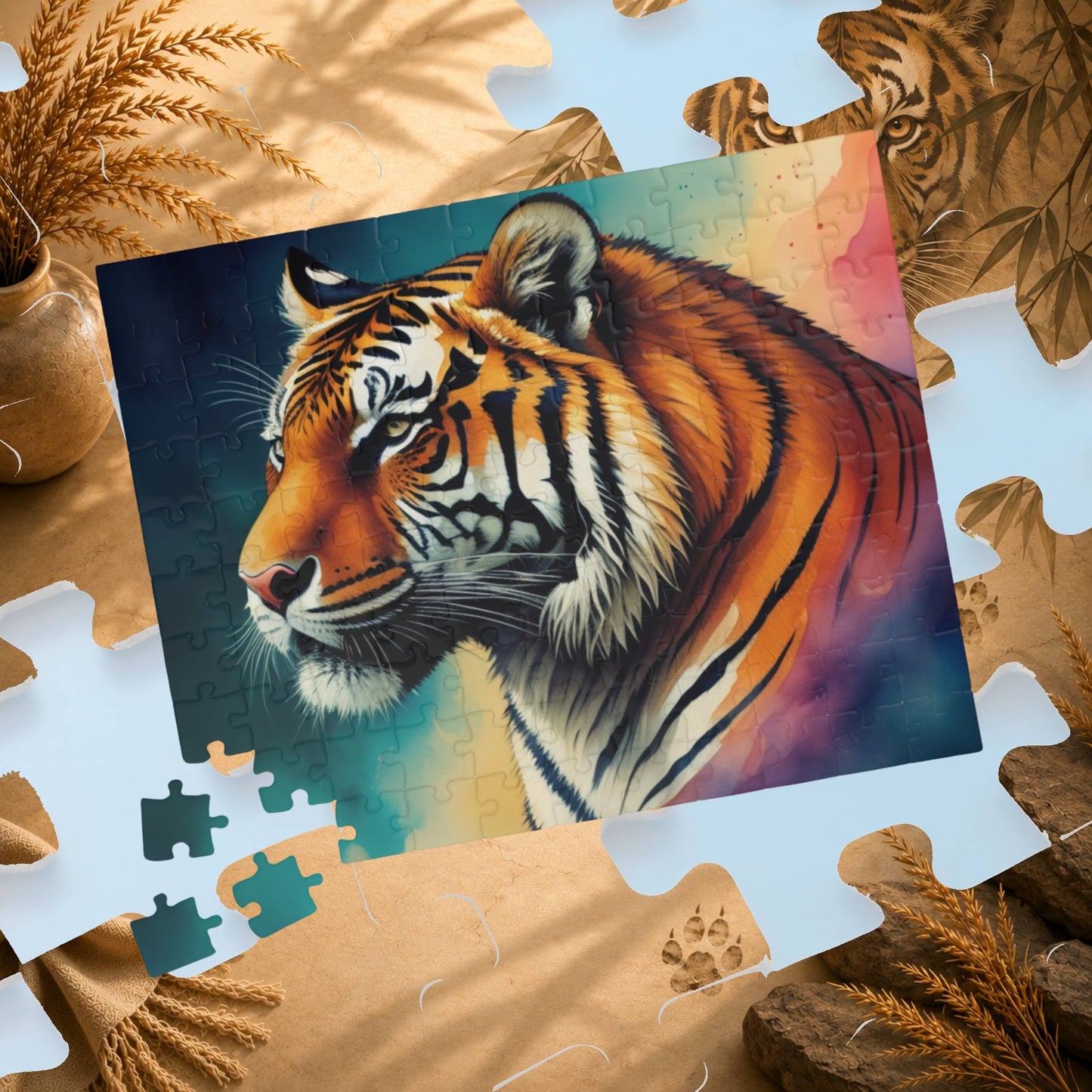Striped Serenity - Painterly Tiger Side Profile Puzzle with Teal and Peach Gradient Background