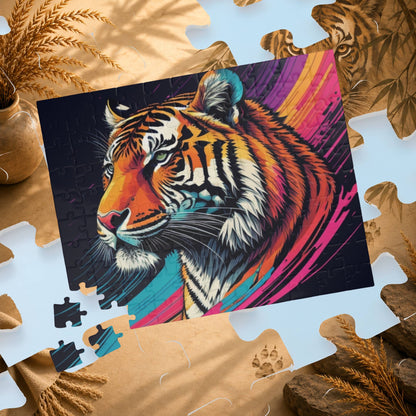 Stripes of Strength - Tiger Puzzle with Bold Rainbow Brushstrokes on Dark Background