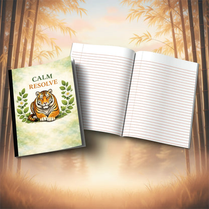 Shop our calm resolve tiger composition notebook featuring the Standard Blue Lined style option from MySisterIsASurvivor.