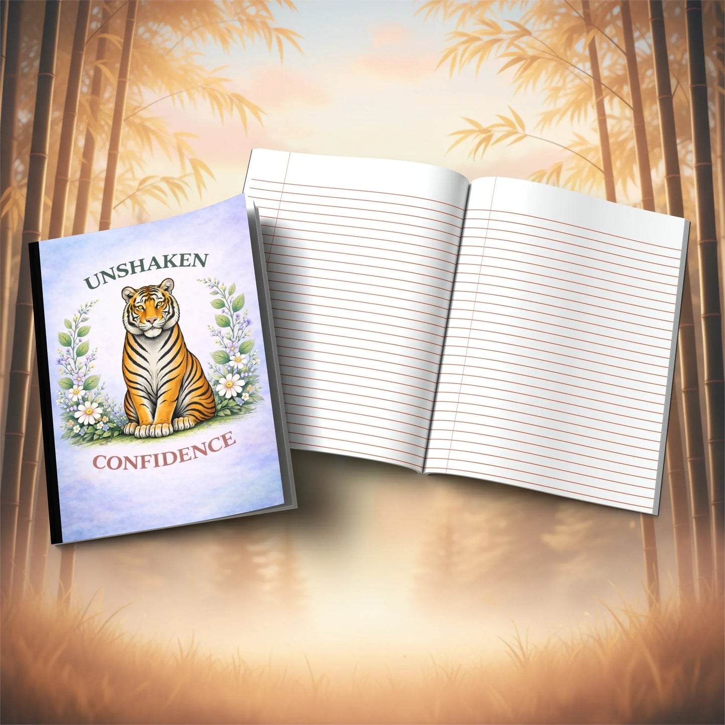 Shop our unshaken confidence tiger composition notebook featuring the Black Lined style option from MySisterIsASurvivor.
