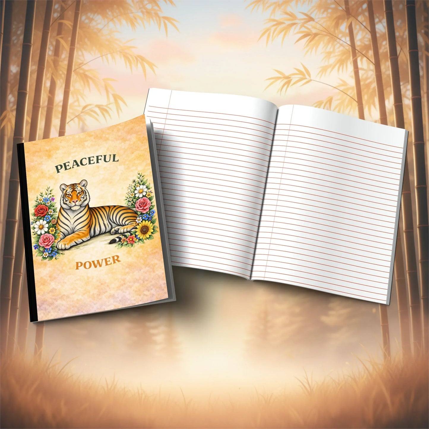 Shop our peaceful power tiger composition notebook featuring the Black Lined style option from MySisterIsASurvivor.
