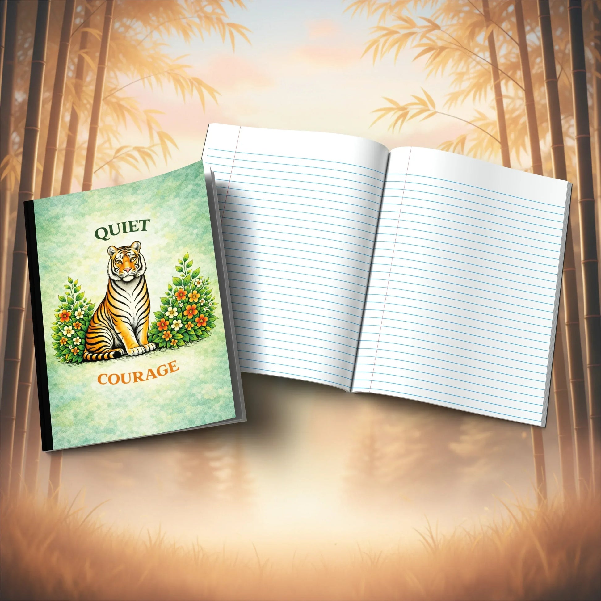 Shop our quiet courage tiger composition notebook featuring the Tiger Orange Lined style option from MySisterIsASurvivor.