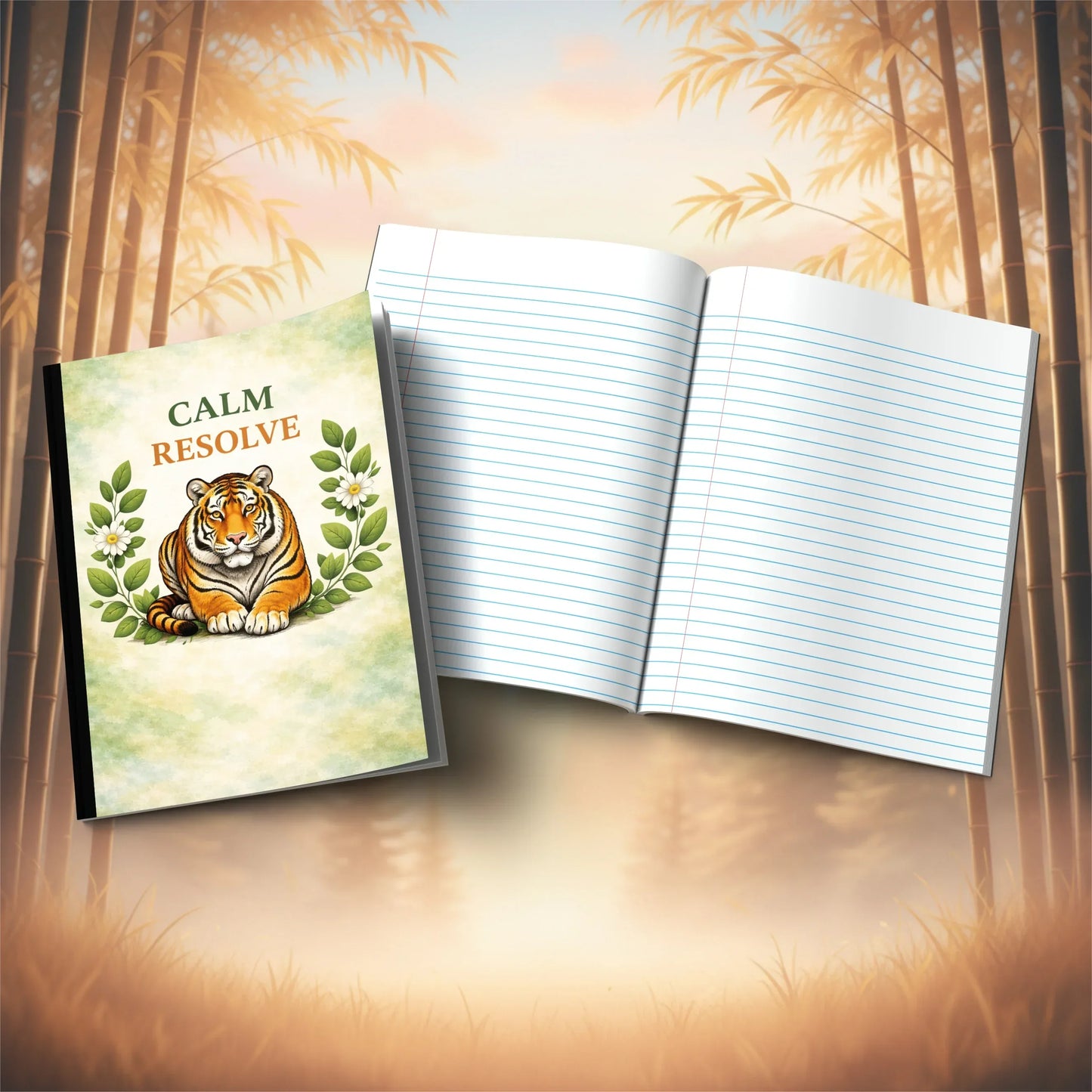Shop our calm resolve tiger composition notebook featuring the Black Lined style option from MySisterIsASurvivor.