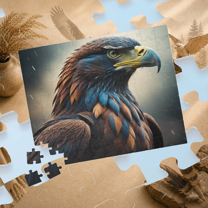 Talon Resilience - Brooding Eagle Portrait Puzzle with Dark Blue Feathers on Stormy Rainy Background