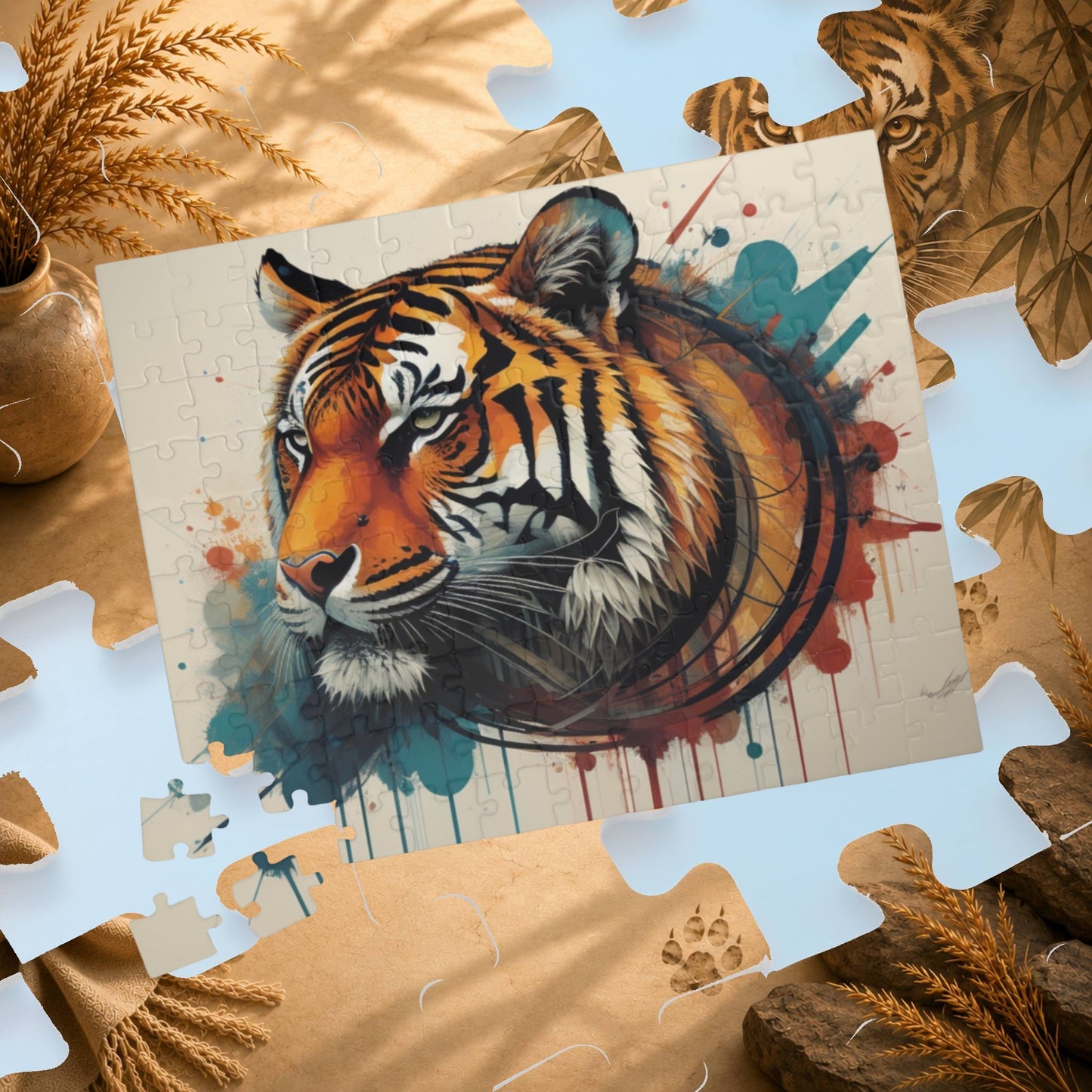 The Resilient Tiger - Expressive Tiger Puzzle with Circular Brushstroke and Paint Drips on White