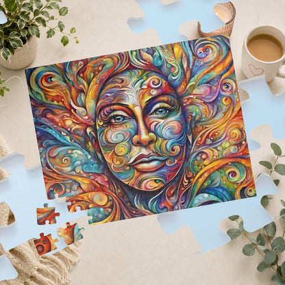 Therapeutic Canvas - Psychedelic Face-as-Canvas Puzzle with Swirling Spirals in Teal, Orange, and Purple
