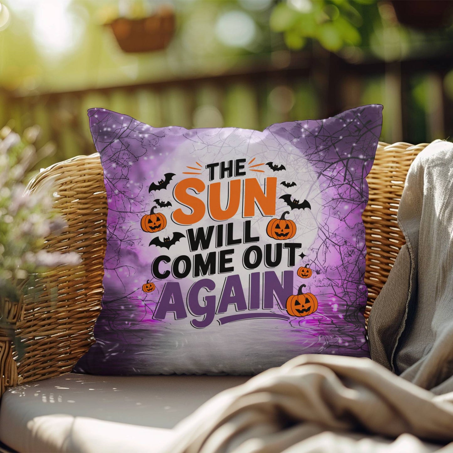 Indoor/outdoor pillow with “The Sun Will Come Out Again” for hope and mental health