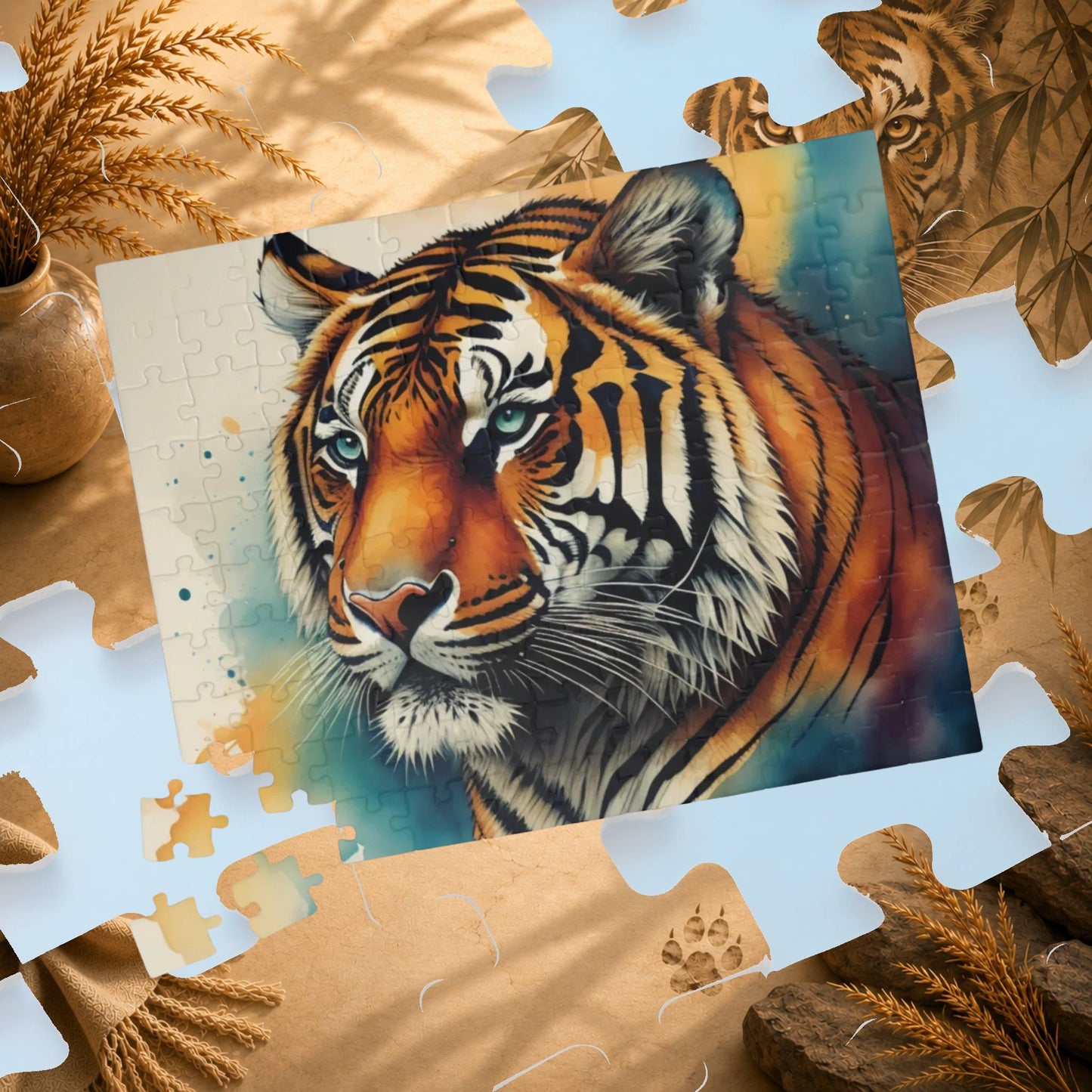 Thrive with the Tiger - Watercolor Tiger Puzzle with Teal Eyes and Warm Amber Washes on White