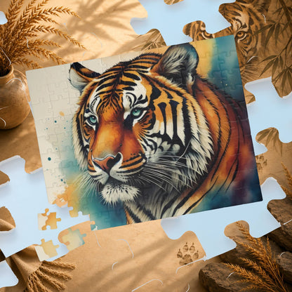 Thrive with the Tiger - Watercolor Tiger Puzzle with Teal Eyes and Warm Amber Washes on White