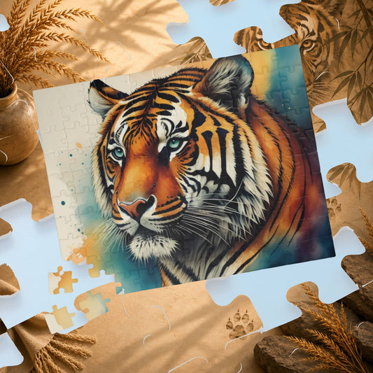Thrive with the Tiger - Watercolor Tiger Puzzle with Teal Eyes and Warm Amber Washes on White