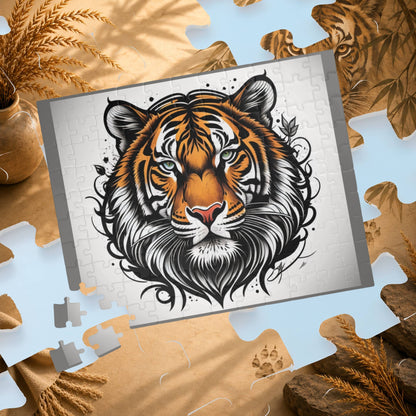 Tiger Spirit - Tattoo-Style Tiger Puzzle with Ornamental Flourishes on White