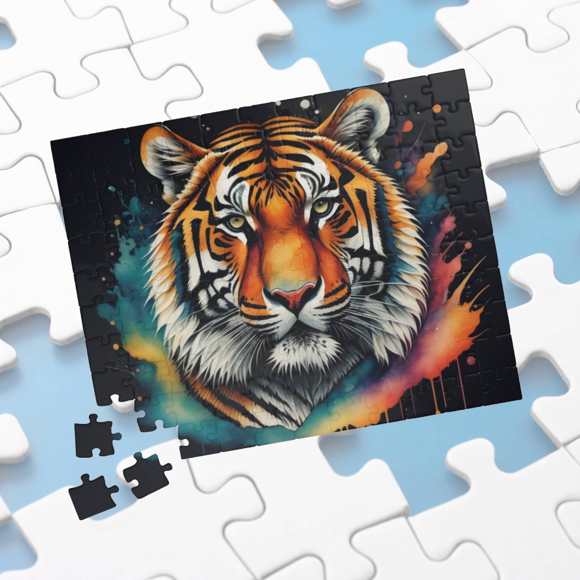 Peaceful tiger resting in a lush jungle setting, captured on a puzzle promoting calm and focus