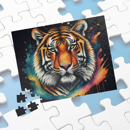Peaceful tiger resting in a lush jungle setting, captured on a puzzle promoting calm and focus