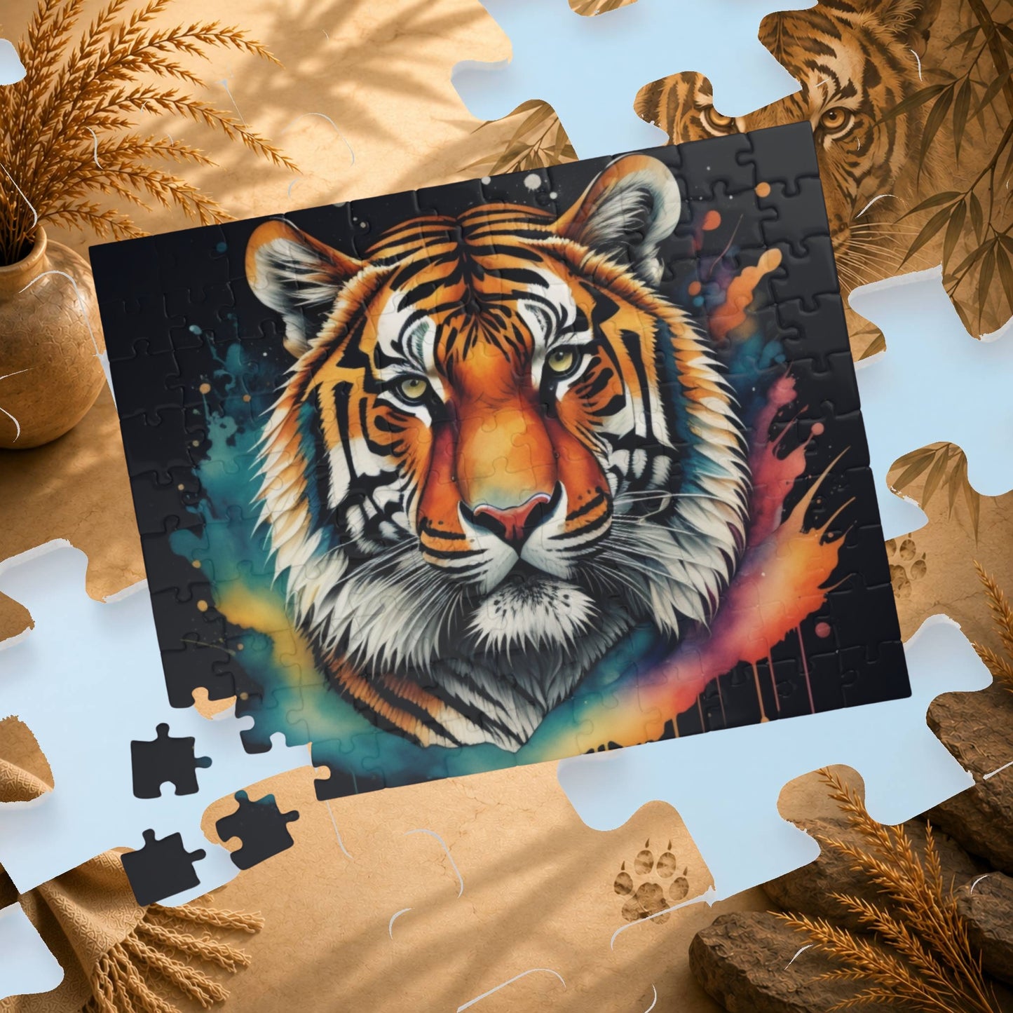 Tiger Tranquility - Front-Facing Tiger Puzzle with Cosmic Teal and Orange Splashes on Dark Background