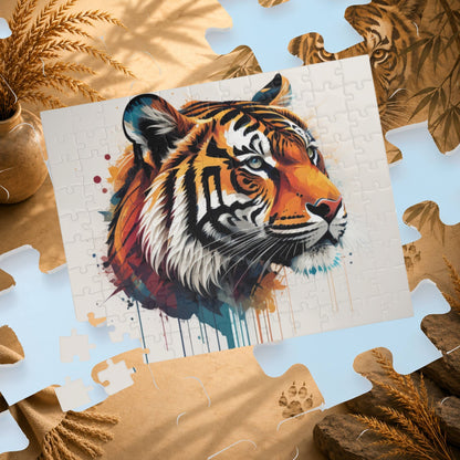The Tiger Within - Vivid Tiger Portrait Puzzle with Multicolor Paint Splatters on White