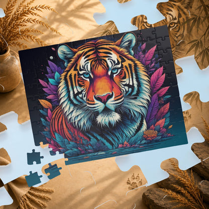 Colorful tiger puzzle on a decorative surface with leaves and a pot.