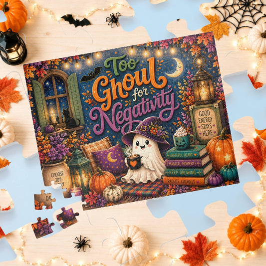 Too Ghoul for Negativity Halloween puzzle with ghost, gratitude books, and positive energy sign