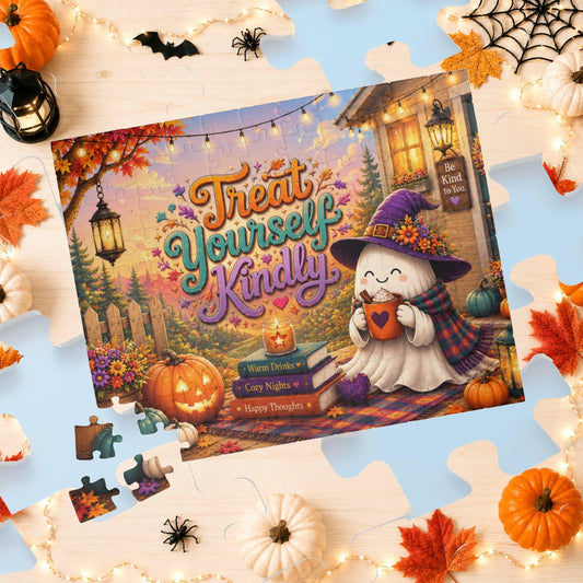 Treat Yourself Kindly Halloween puzzle featuring cozy ghost, warm drink, pumpkins, and fall lights