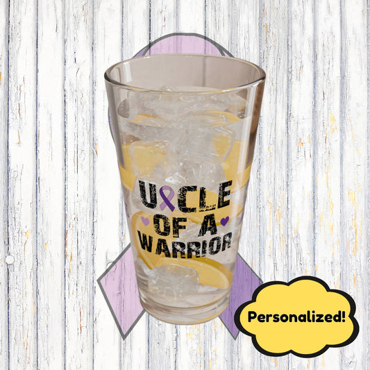 Uncle of a Warrior: Personalized Domestic Violence Awareness Warrior Pint Glass - Proud Family Member