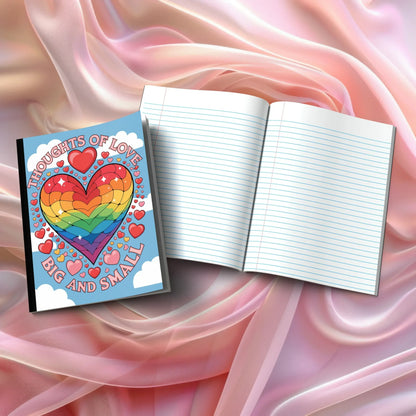 Shop our thoughts of love big and small composition notebook featuring the Magenta Lined style option from MySisterIsASurvivor.
