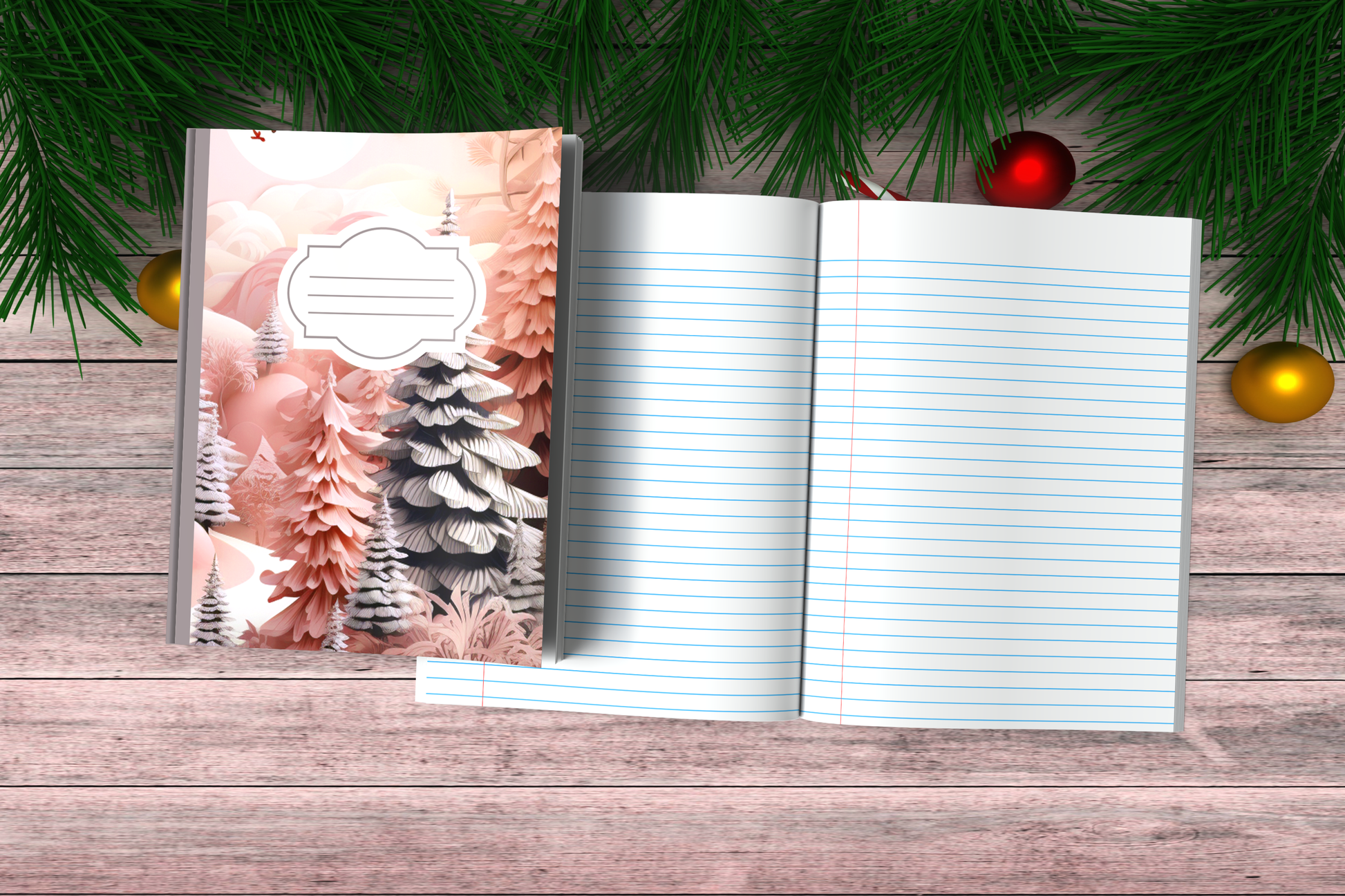 Vintage Christmas Composition Notebook (VC5) - Ruled Lines In Standard Blue, Green, or Red