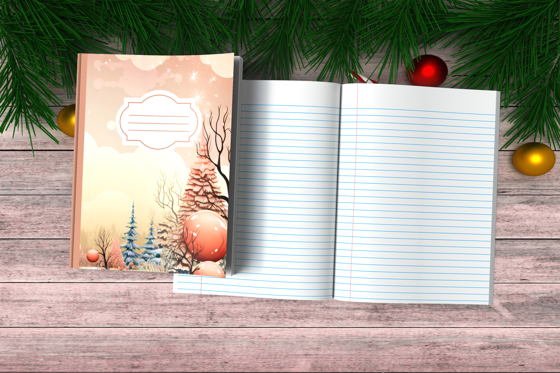 Vintage Christmas Composition Notebook (VC6) - Ruled Lines In Standard Blue, Green, or Red