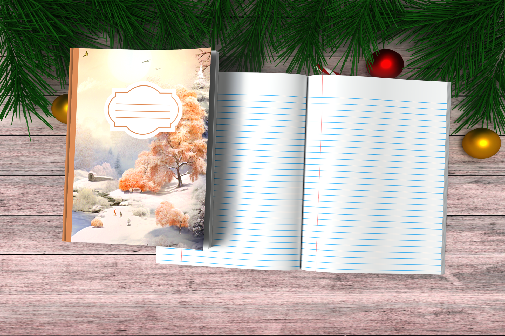 Vintage Christmas Composition Notebook (VC8) - Ruled Lines In Standard Blue, Green, or Red