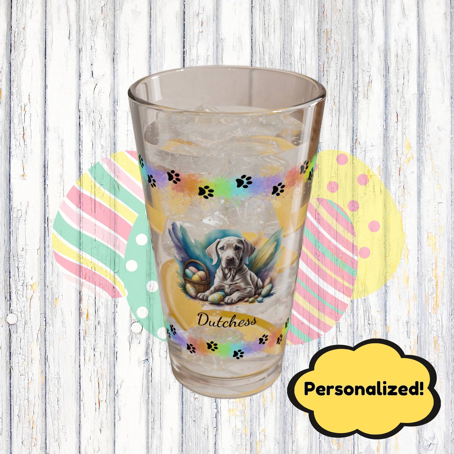 Weimaraner (Taupe) Personalized Easter Puppy 16oz Pint Glass - Custom Dog Design, Mental Health Gift, Easter Décor, and Festive Celebrations