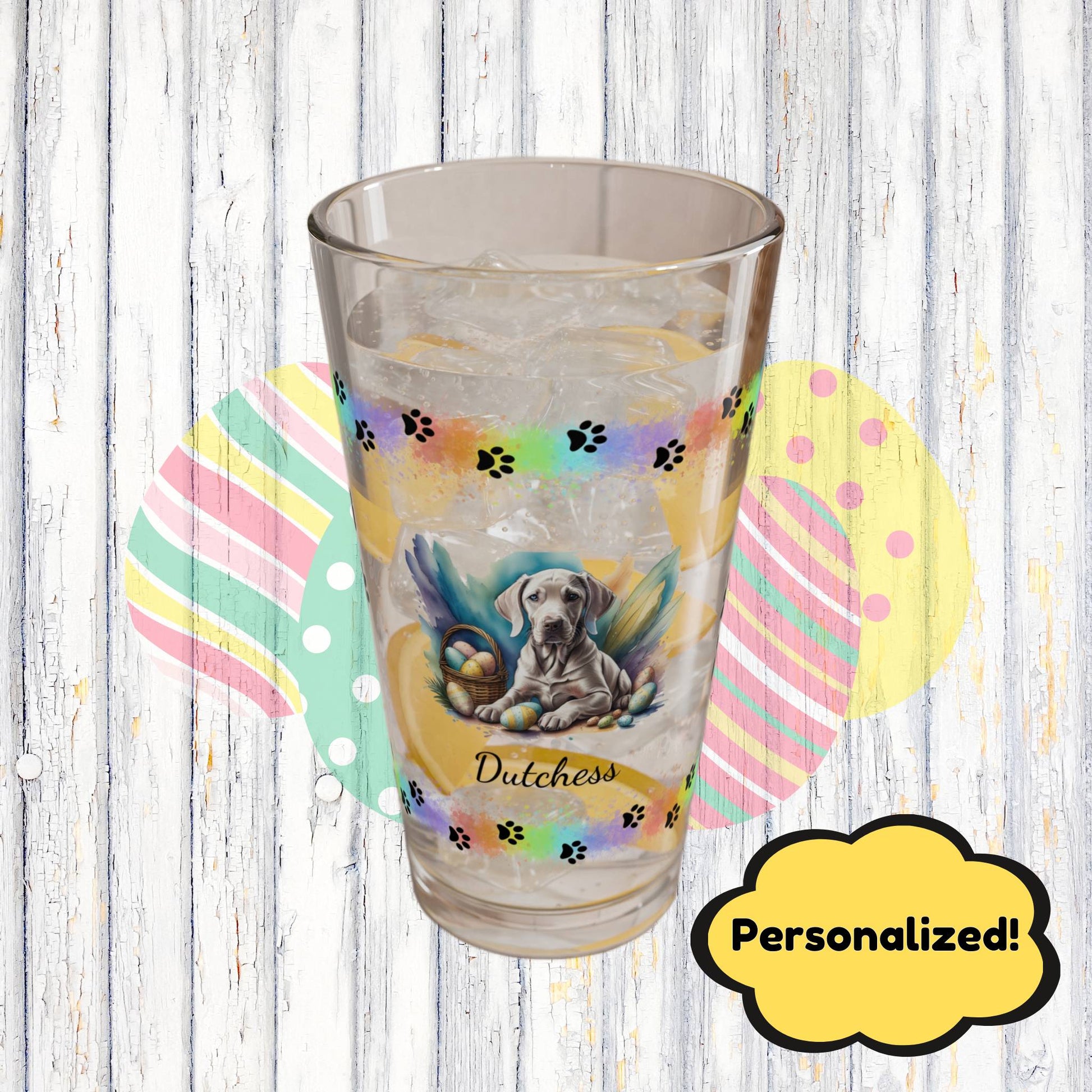 Weimaraner (Taupe) Personalized Easter Puppy 16oz Pint Glass - Custom Dog Design, Mental Health Gift, Easter Décor, and Festive Celebrations