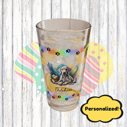 Weimaraner (Taupe) Personalized Easter Puppy 16oz Pint Glass - Custom Dog Design, Mental Health Gift, Easter Décor, and Festive Celebrations