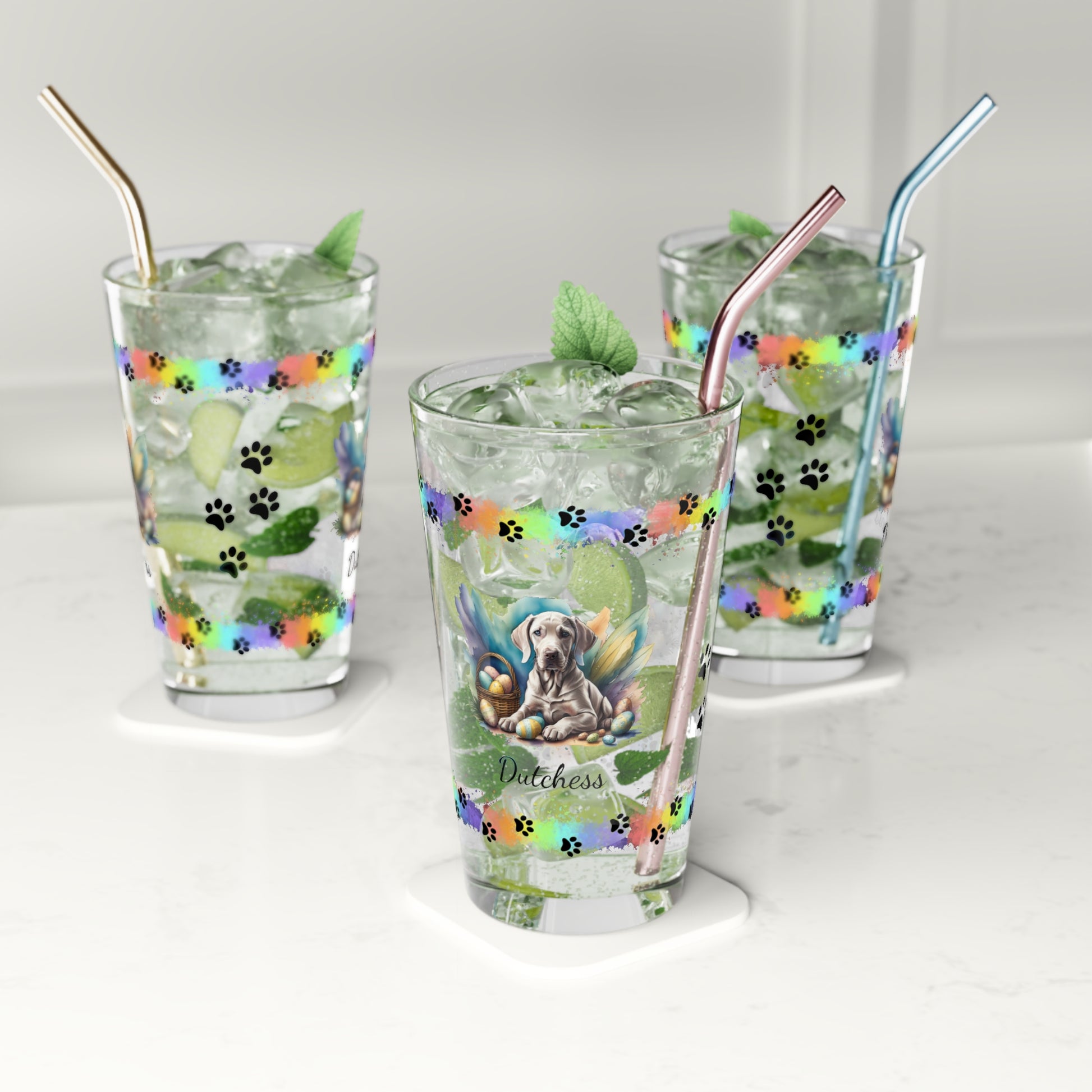 Weimaraner (Taupe) Personalized Easter Puppy 16oz Pint Glass - Custom Dog Design, Mental Health Gift, Easter Décor, and Festive Celebrations