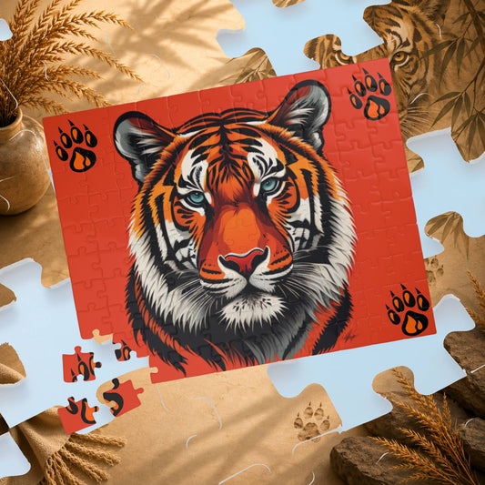 Wild Resilience - Tiger Portrait Puzzle with Paw Prints on Bold Red Background