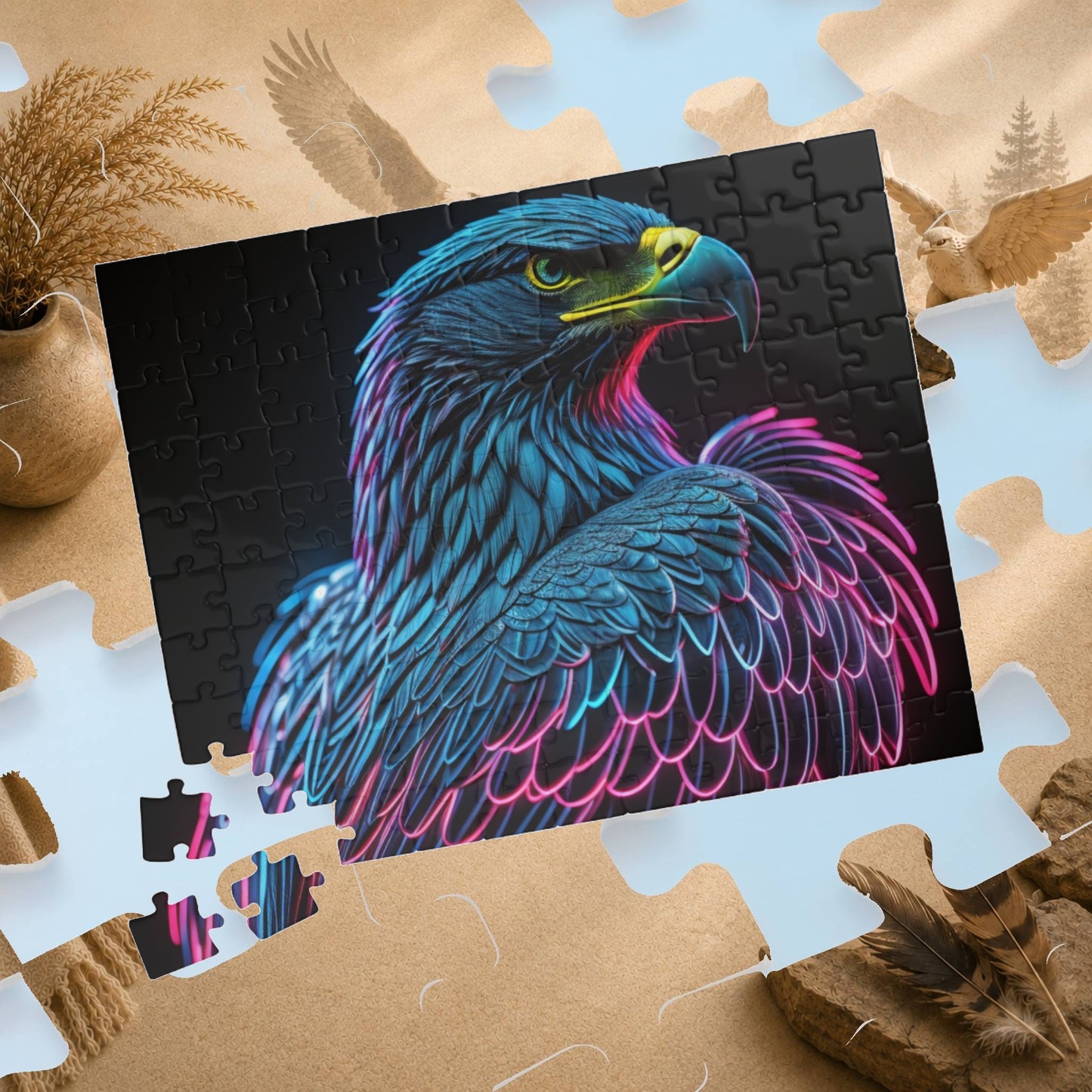 Wings of Resilience - Neon Eagle Portrait Puzzle with Teal Feathers and Pink Neon Outlines on Black