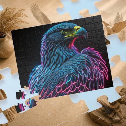 Wings of Resilience - Neon Eagle Portrait Puzzle with Teal Feathers and Pink Neon Outlines on Black
