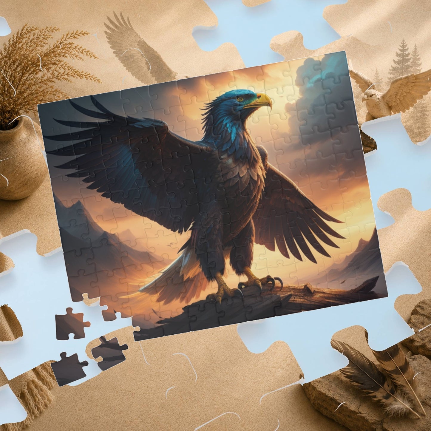 Wingspan of Strength - Full-Body Eagle Puzzle with Wings Spread Wide on Golden Stormy Sky Background